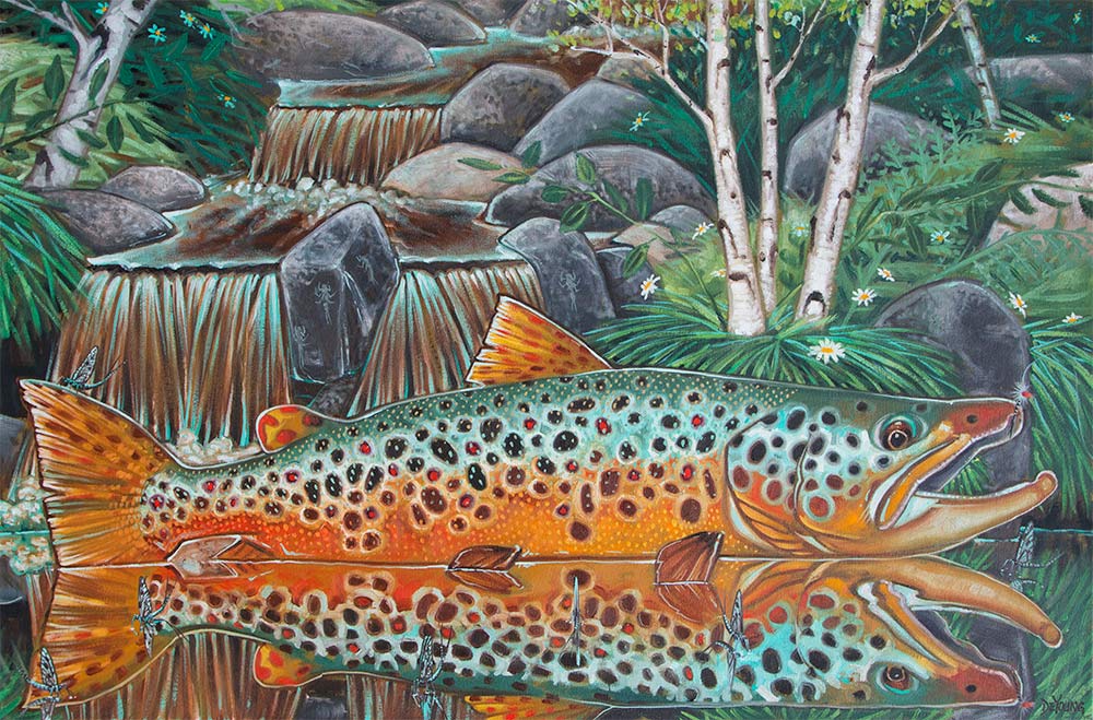 Brown Trout - Waterfall - Original Oil Painting